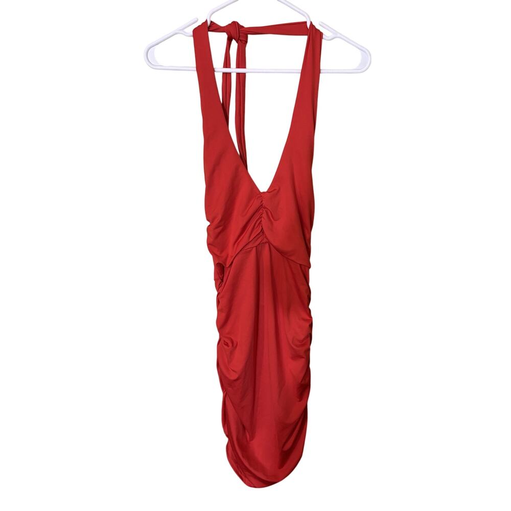 Red Halter Ruched Bodycon Club Dress XS (No Size Tag) -v